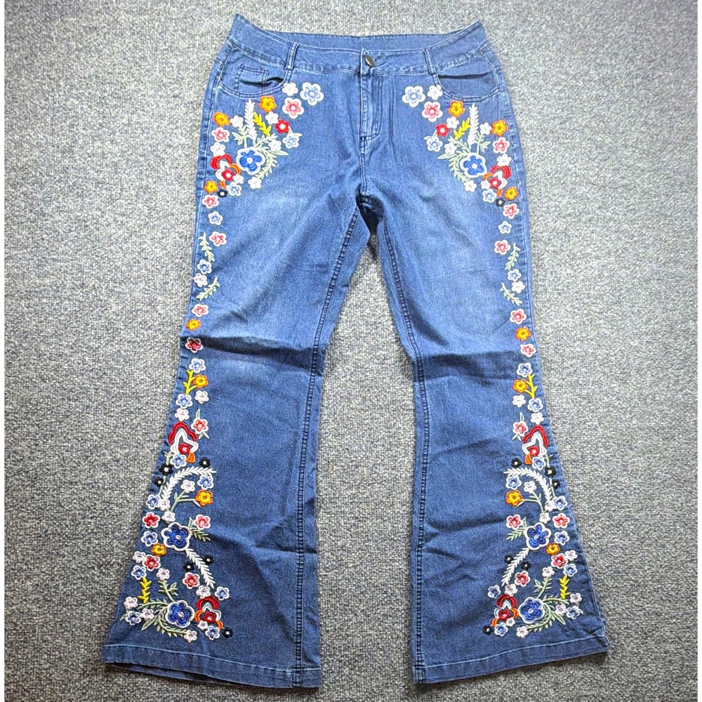 Women's Large Mid-Rise Bootcut Pants Embroidered Floral Hippie Boho Western